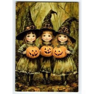 Vintage Photochrome Halloween Postcard Three Girls Holding Pumpkins